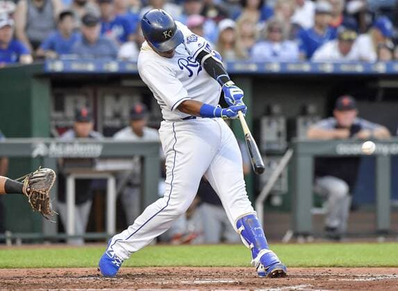 July 24, 2018 - Kansas City, MO, USA - The Kansas City Royals Salvador Perez connects on an RBI single in the third inning against the Detroit Tigers on Tuesday, July 24, 2018, at Kauffman Stadium in Kansas City, Mo. Detroit at Kansas City - ZUMAm67_ 20180724_zaf_m67_030 Copyright: xJohnxSleezerx