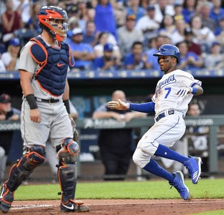 July 24, 2018 - Kansas City, MO, USA - The Kansas City Royals Rosell Herrera scores behind Detroit Tigers catcher James McCann on a single by Salvador Perez in the third inning on Tuesday, July 24, 2018, at Kauffman Stadium in Kansas City, Mo. Detroit at Kansas City - ZUMAm67_ 20180724_zaf_m67_031 Copyright: xJohnxSleezerx