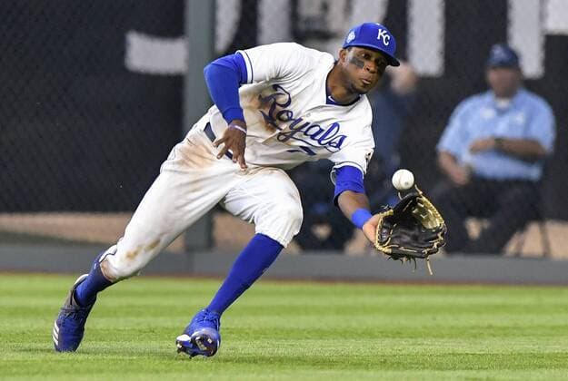 July 24, 2018 - Kansas City, MO, USA - Kansas City Royals right fielder Rosell Herrera stretches for a fly ball out on the Detroit Tigers James McCann to end the top of the fifth inning on Tuesday, July 24, 2018, at Kauffman Stadium in Kansas City, Mo. Detroit at Kansas City - ZUMAm67_ 20180724_zaf_m67_032 Copyright: xJohnxSleezerx