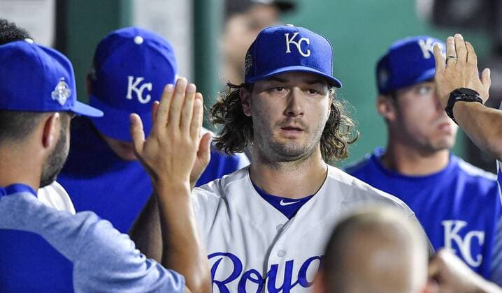 July 24, 2018 - Kansas City, MO, USA - Kansas City Royals starting pitcher Burch Smith is greeted in the dugout after being relieved in the seventh inning against the Detroit Tigers on Tuesday, July 24, 2018, at Kauffman Stadium in Kansas City, Mo. Detroit at Kansas City - ZUMAm67_ 20180724_zaf_m67_048 Copyright: xJohnxSleezerx