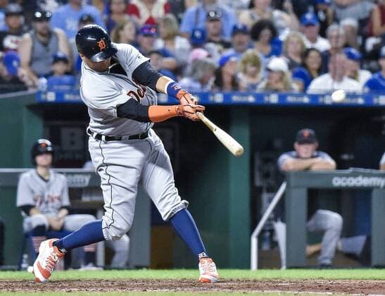 July 24, 2018 - Kansas City, MO, USA - The Detroit Tigers Victor Martinez connects for a three-run home run against the Kansas City Royals in the seventh inning on Tuesday, July 24, 2018, at Kauffman Stadium in Kansas City, Mo. Detroit at Kansas City - ZUMAm67_ 20180724_zaf_m67_057 Copyright: xJohnxSleezerx