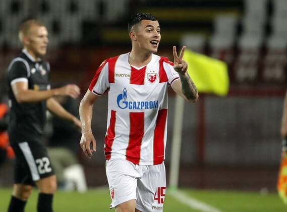 (180725) -- BELGRADE, July 25, 2018 -- Crvena Zvezda s Nemanja Radonjic celebrates his second goal during the UEFA Champions League second qualifying round football match between Crvena Zvezda and Suduva in Belgrade, Serbia on July 24, 2018. Crvena Zvezda won 3-0. ) (SP)SERBIA-BELGRADE-FOOTBALL-UEFA CHAMPIONS LEAGUE-QUALIFYING-CRVENA ZVEZDA VS SUDUVA PredragxMilosavljevic 