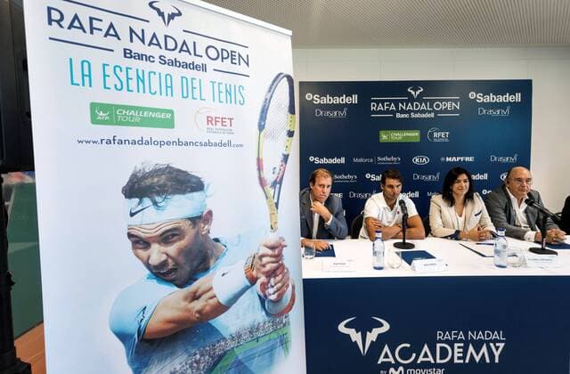 Spanish tennis player Rafael Nadal (2-L) and Spanish Secretary of State for Sports, Maria Jose Rienda (2-R), address a press conference PK Pressekonferenz for the official presentation of Challenger Tour Rafa Nadal Banc Sabadell tennis tournament at Rafa Nadal Academy, in Manacor, Balearic Islands, eastern Spain, 25 July 2018. The tournament will be held from 25 August to 02 September. Spanish tennis player Rafael Nadal presents Challenger Tour Rafa Nadal Banc Sabadell tournament !ACHTUNG: NUR REDAKTIONELLE NUTZUNG!  Copyright: xLLITERESx GRAF6763 20180725-636681271146297250