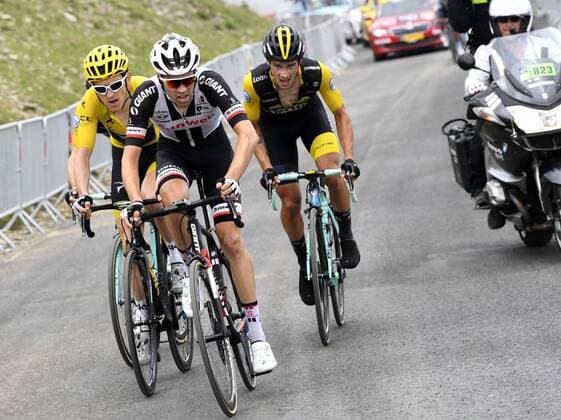 SAINT-LARY-SOULAN COL DU PORTET, FRANCE - JULY 25 : THOMAS Geraint (GBR) of Team SKY, DUMOULIN Tom (NED) of Team Sunweb, ROGLIC Primoz (SLO) of Team Lotto NL - Jumbo during stage 17 of the 105th edition of the 2018 Tour de France cycling race, a stage of 65 kms between Bagneres-de-Luchon and Saint-Lary-Soulan Col Du Portet on July 25, 2018 in Saint-Lary-Soulan Col Du Portet, France, 25 07 2018 CYCLISME : Tour de France - Etape 17 - Bagneres De Luchon Saint Lary Soulan - 25 07 2018 PhotoNews Panoramic 