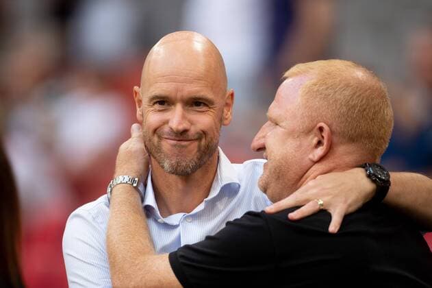 coach Erik Ten Hag of Ajax, Coach Heiko Vogel of SK Sturm Graz during the UEFA Champions League second round qualifying first leg match between Ajax Amsterdam and Sturm Graz at the Johan Cruijff Arena on July 25, 2018 in Amsterdam, The Netherlands UEFA Champions League 2018 2019 xVIxVIxImagesx xTomxBodexMultimediaxIVx 11585970