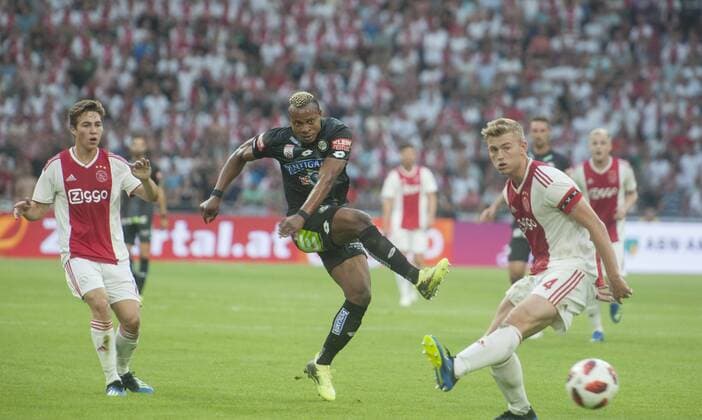 Champions League Ajax Amsterdam vs Sturm Graz Amsterdam The Netherlands 25th July 2018 Champions League Ajax Amsterdam vs Sturm Graz Emeka Friday Eze attacks for Graz in the first half. 