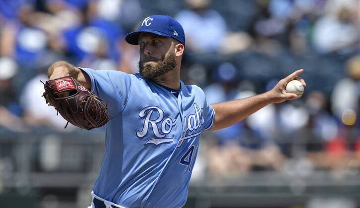 July 25, 2018 - Kansas City, MO, USA - Kansas City Royals starting pitcher Danny Duffy throws in the first inning against the Detroit Tigers on Wednesday, July 25, 2018 at Kauffman Stadium in Kansas City, Mo. Detroit Tigers vs. Kansas City Royals - ZUMAm67_ 20180725_zaf_m67_006 Copyright: xJohnxSleezerx