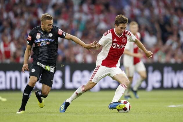 (L-R) Sandi Lovric of Sturm Graz, Carel Eiting of Ajax during the UEFA Champions League second round qualifying first leg match between Ajax Amsterdam and Sturm Graz at the Johan Cruijff Arena on July 25, 2018 in Amsterdam, The Netherlands UEFA Champions League 2018 2019 xVIxVIxImagesx xMauricexvanxSteenxIVx 11586644