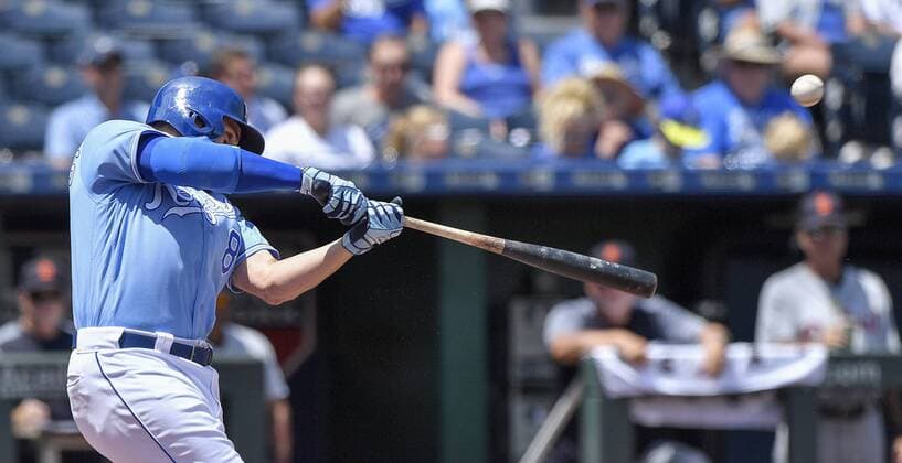 July 25, 2018 - Kansas City, MO, USA - Kansas City Royals Mike Moustakas connects on a single in the first inning against the Detroit Tigers on Wednesday, July 25, 2018 at Kauffman Stadium in Kansas City, Mo. Detroit Tigers vs. Kansas City Royals - ZUMAm67_ 20180725_zaf_m67_016 Copyright: xJohnxSleezerx