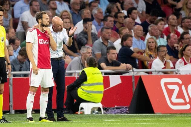 Daley Blind of Ajax, coach Erik Ten Hag of Ajax during the UEFA Champions League second round qualifying first leg match between Ajax Amsterdam and Sturm Graz at the Johan Cruijff Arena on July 25, 2018 in Amsterdam, The Netherlands UEFA Champions League 2018 2019 xVIxVIxImagesx xTomxBodexMultimediaxIVx 11586869