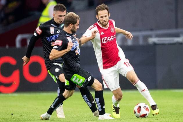 Dario Maresic of SK Sturm Graz, Philipp Huspek of SK Sturm Graz, Daley Blind of Ajax during the UEFA Champions League second round qualifying first leg match between Ajax Amsterdam and Sturm Graz at the Johan Cruijff Arena on July 25, 2018 in Amsterdam, The Netherlands UEFA Champions League 2018 2019 xVIxVIxImagesx xTomxBodexMultimediaxIVx 11586899