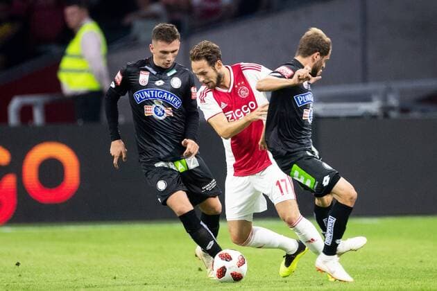 Dario Maresic of SK Sturm Graz, Philipp Huspek of SK Sturm Graz, Daley Blind of Ajax during the UEFA Champions League second round qualifying first leg match between Ajax Amsterdam and Sturm Graz at the Johan Cruijff Arena on July 25, 2018 in Amsterdam, The Netherlands UEFA Champions League 2018 2019 xVIxVIxImagesx xTomxBodexMultimediaxIVx 11586900