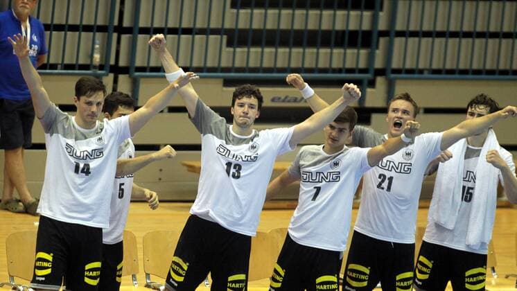 25.07.2018 Celje(Slovenia) Serbia-Germany EHF U20 Under 20 European men s handball championship main round Jannek Klein,Joshua Thiele,Janik Schrader,Max Neuhaus Germany celebration : 
