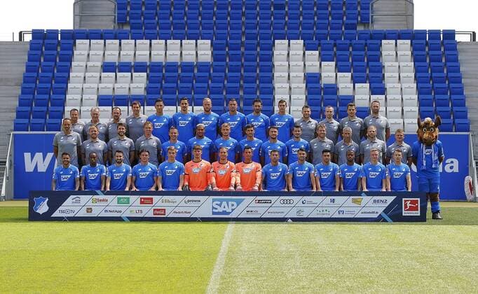 Team photo TSG 1899 Hoffenheim Back row left to right Team Physician Ralph Kern Supervisor Heinz Seyfert Supervisor Christian Seyfert Team Manager Timmo Hardung Robert Å½ulj Benjamin Hübner Kevin Vogt Adam Szalai Ishak Belfodil Justin Hoogma Physiotherapist Peter Geigle Physiotherapist Sören Johannsen Physiotherapist Manuel Kreuzberger Physiotherapist Dennis Wöhr Medium Range Co Coach Pellegrino Matarazzo Co Manager Matthias Kaltenbach Co Coach Analysis Benjamin Glück Head Coach Julian Nagelsmann Pavel Kaderabek Joelinton Stefan Posch Florian Grillitsch Ermin Bicakcic Havard Nordtveit Goalkeeping Coach Michael Calculator Athlete Trainer Otmar Rösch Athletic Trainer Christian Weigl Preventive Trainer Christian Neitzert Front Row Leonardo Bittencourt Joshua Brenet Lukas Rupp Nico Schulz David Otto Gregor Kobel Oliver Baumann Alexander Stolz Kerem Demirbay Vincenzo Grifo Nadiem Amiri Felipe Pires Philipp Ochs Dennis Geiger Portrait Date TSG 1899 Hoffenheim 2018 2019 Si nsheim GER 25 07 2018 Football 1 Bundesliga 2018 2019