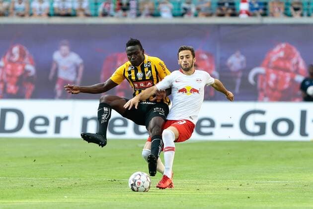 26 07 2018 xtgx Soccer Europa League Qualification 2 Round RB Leipzig BK Haecken emspor v Alhassan Kamara Haecken 9 Marcelo Saracchi Leipzig 3 duel fight tackle Leipzig