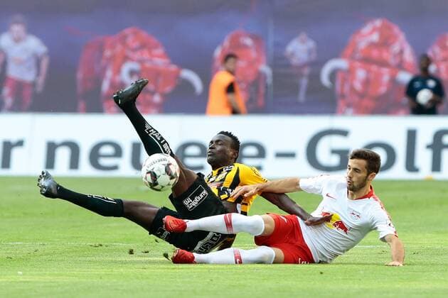 26 07 2018 xtgx Soccer Europa League Qualification 2 Round RB Leipzig BK Haecken emspor v Alhassan Kamara Haecken 9 Marcelo Saracchi Leipzig 3 duel fight tackle Leipzig