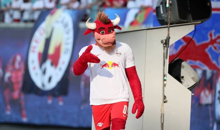 RB Leipzig BK Haecken Soccer Euro League Qualifiers Leipzig 26 07 2018 Red Bull Arena Soccer UEFA Euro League Qualification 2 Round First leg RB Leipzig vs BK Häcken Pictured RBL Mascot Bulli