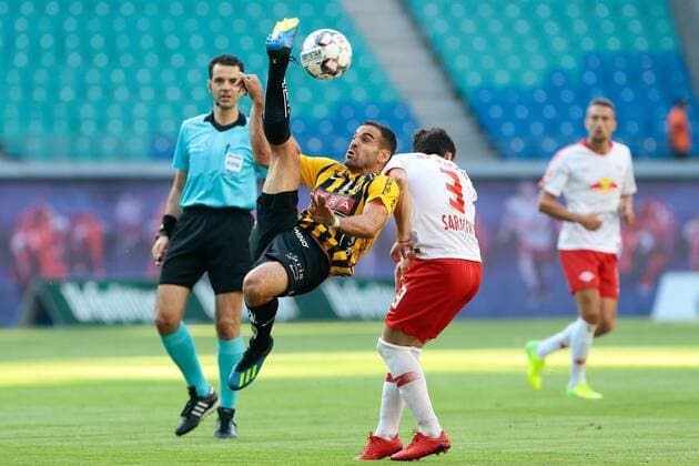 26 07 2018 xtgx Soccer Europa League Qualification 2 Round RB Leipzig BK Haecken emspor v Mervan Celik Haecken 7 clears ahead of Marcelo Saracchi Leipzig 3 Leipzig
