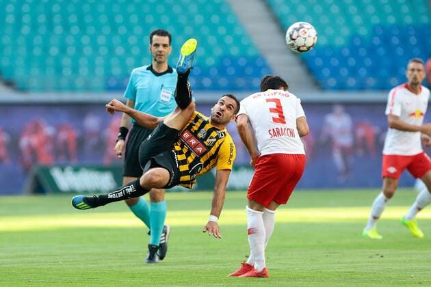 26 07 2018 xtgx Soccer Europa League Qualification 2 Round RB Leipzig BK Haecken emspor v Mervan Celik Haecken 7 clears ahead of Marcelo Saracchi Leipzig 3 Leipzig