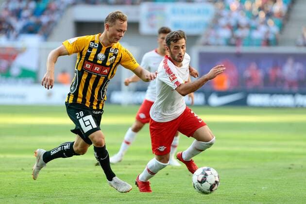 26 07 2018 xtgx Soccer Europa League Qualification 2 Round RB Leipzig BK Haecken emspor v l Adam Andersson Haecken 28 Marcelo Saracchi Leipzig 3 duel fight tackle Leipzig