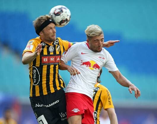 26 07 2018 Football UEFA Europa League 2018 2019 2 qualifying round RB Leipzig BK Häcken in the Red Bull Arena Leipzig by Rasmus Lindgren BK Häcken in a duel with Kevin Kampl RB Leipzig