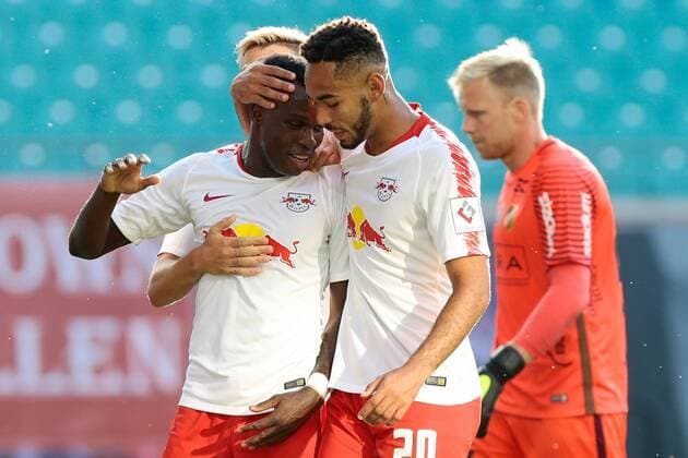26 07 2018 xtgx Soccer Europa League Qualification 2 Round RB Leipzig BK Haecken emspor v l Bruma Leipzig 17 Mateus Cunha Leipzig 20 Cheers Torjubel celebrates the goal celebrate the goal celebration Leipzig