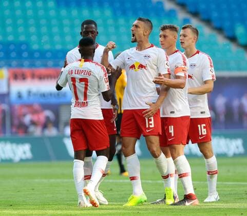 26 07 2018 xtgx Soccer Europa League Qualification 2 Round RB Leipzig BK Haecken emporer Bruma Leipzig 17 Ibrahima Konate Leipzig 6 Stefan Ilsanker Leipzig 13 Willi Orban Leipzig Lukas Klostermann Leipzig 16 Cheers Torjubel celebrates the goal celebrate the goal celebration Leipzig