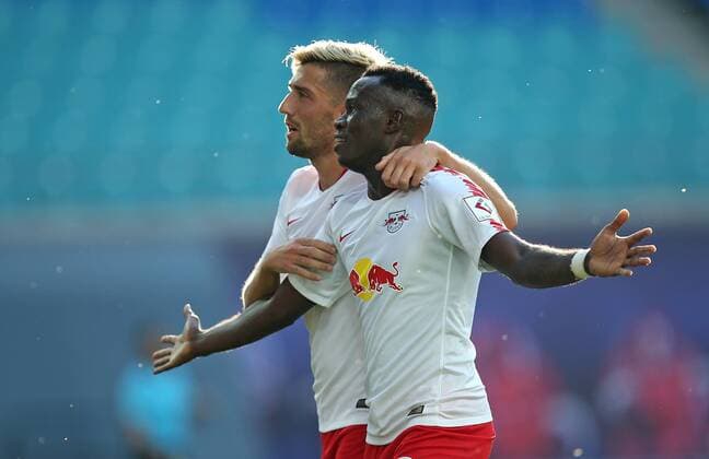 26 07 2018 Soccer UEFA Europa League 2018 2019 2 Qualifying Round RB Leipzig BK Häcken at the Red Bull Arena Leipzig Jubilee Kevin Kampl RB Leipzig and Goal Scorer Bruma RB Leipzig towards goal 1 0