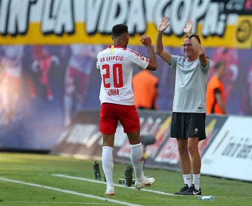 26 07 2018 Football UEFA Europa League 2018 2019 2 qualifying round RB Leipzig BK Häcken in the Red Bull Arena Leipzig Jubilee sc Goalscorer Matheus Cunha RB Leipzig and coach Sporting director Ralf Rangnick RB Leipzig scored the 2. 0