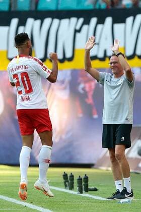 26 07 2018 xtgx Soccer Europa League Qualification 2 Round RB Leipzig BK Haecken emspor v l after goal to 2 0 Mateus Cunha Leipzig 20 and Ralf Rangnick Leipzig coach Jubel Torjubel celebrates the goal celebrate the goal celebration Leipzig