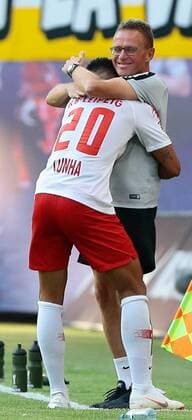 26 07 2018 xtgx Soccer Europa League Qualification 2 Round RB Leipzig BK Haecken emspor v l after goal to 2 0 Mateus Cunha Leipzig 20 and Ralf Rangnick Leipzig coach Jubel Torjubel celebrates the goal celebrate the goal celebration Leipzig
