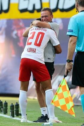 26 07 2018 xtgx Soccer Europa League Qualification 2 Round RB Leipzig BK Haecken emspor v l after goal to 2 0 Mateus Cunha Leipzig 20 and Ralf Rangnick Leipzig coach Jubel Torjubel celebrates the goal celebrate the goal celebration Leipzig