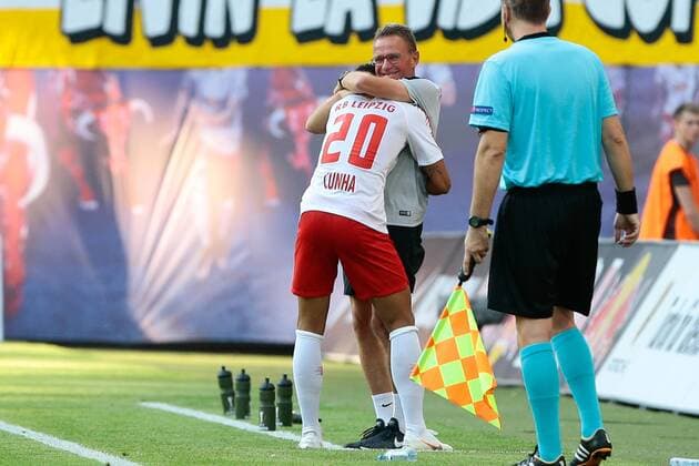 26 07 2018 xtgx Soccer Europa League Qualification 2 Round RB Leipzig BK Haecken emspor v l after goal to 2 0 Mateus Cunha Leipzig 20 and Ralf Rangnick Leipzig coach Jubel Torjubel celebrates the goal celebrate the goal celebration Leipzig