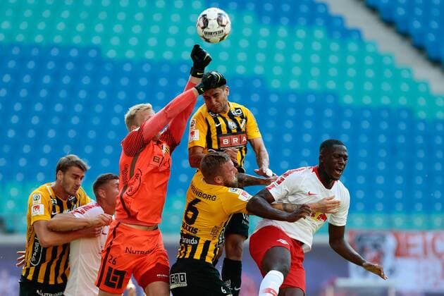 26 07 2018 xtgx Soccer Europa League Qualification 2 Round RB Leipzig BK Haecken emspor v l Peter Abrahamsson Haecken 26 Parade holds the ball catches the ball parried Leipzig
