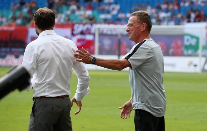RB Leipzig BK Haecken Soccer Euro League Qualifiers Leipzig 26 07 2018 Red Bull Arena Soccer UEFA Cup Qualification UEFA Champions League RB Leipzig vs. BK Häcken SWE Bild Coach Andreas Alm BK Häcken and Ralf Rangnick RB Leipzig Head Coach and Sporting Director
