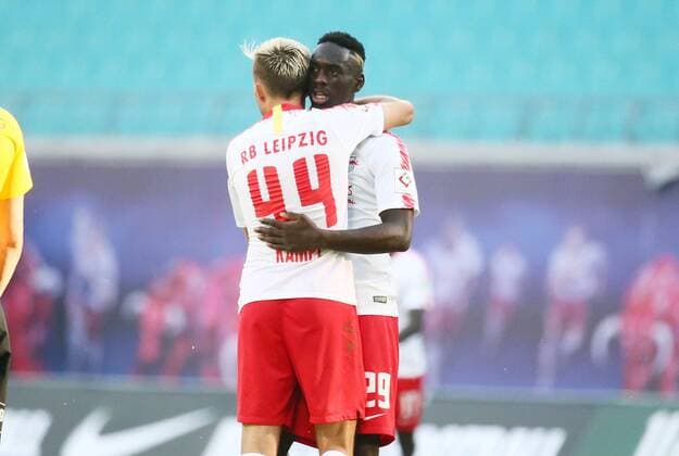 RB Leipzig BK Haecken Soccer Euro League Qualifiers Leipzig 26 07 2018 Red Bull Arena Soccer UEFA Euro League Qualification 2 Round First leg RB Leipzig vs. BK Hacken In the picture Goal for RB Leipzig Kevin Kampl 44 RB Leipzig scored the goal for 3 0 and cheered Jean Kevin Augustin 29 RB Leipzig