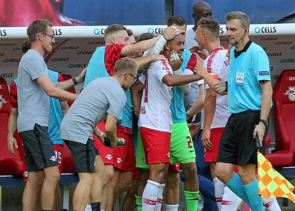 Leipzig Germany 26 07 2018 2 qualifying round for Europa Leaguel RB Leipzig BK Haecken 2 0 his teammates celebrate the goalkeeper Matheus Cunha RBL DeFodi538