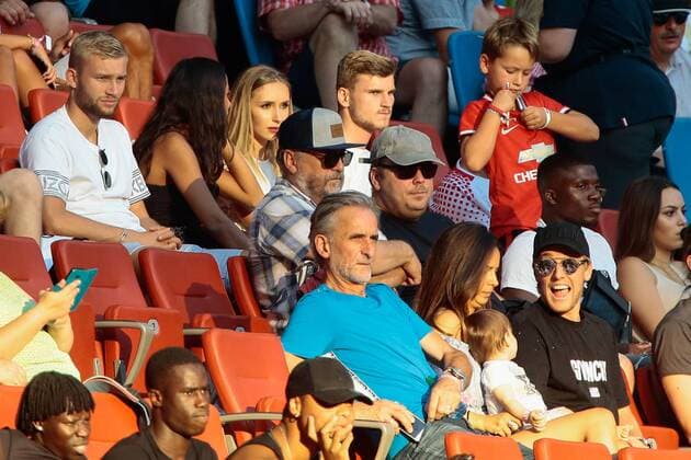 26 07 2018 xtgx Soccer Europa League Qualification 2 Round RB Leipzig BK Haecken emspor v l Konrad Laimer Leipzig 27 Timo Werner Leipzig 11 in the audience below right Emil Forsberg Leipzig 10 with wife and child Leipzig