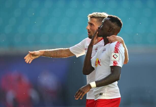 26 07 2018 Soccer UEFA Europa League 2018 2019 2 Qualifying Round RB Leipzig BK Häcken at the Red Bull Arena Leipzig Jubilee Kevin Kampl RB Leipzig and Goal Scorer Bruma RB Leipzig towards goal 1 0