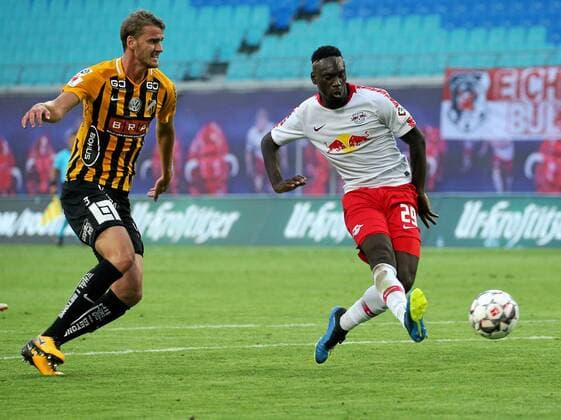 Leipzig Germany 26 07 2018 2 qualifying round for Europa Leaguel RB Leipzig BK Haecken Goal for 4 0 Johann Hamar BKH and Jean Kevin Augustin RBL in a duel DeFodi538