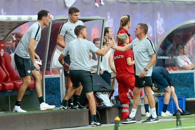 26 07 2018 xtgx Soccer Europa League Qualification 2 Round RB Leipzig BK Haecken emspor v l Ralf Rangnick Leipzig Coach Jubilation on victory Jubilation after the end of the game Leipzig