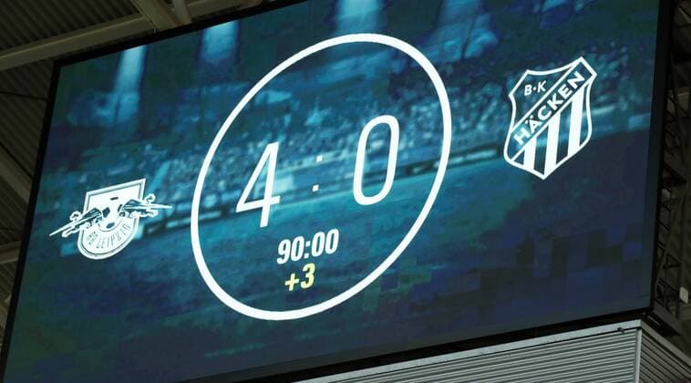 RB Leipzig BK Haecken Soccer Euro League Qualifiers Leipzig 26 07 2018 Red Bull Arena Soccer UEFA Euro League Qualification 2 Round First leg RB Leipzig vs BK Häcken 4 0 2 0 The final score of the game on the scoreboard