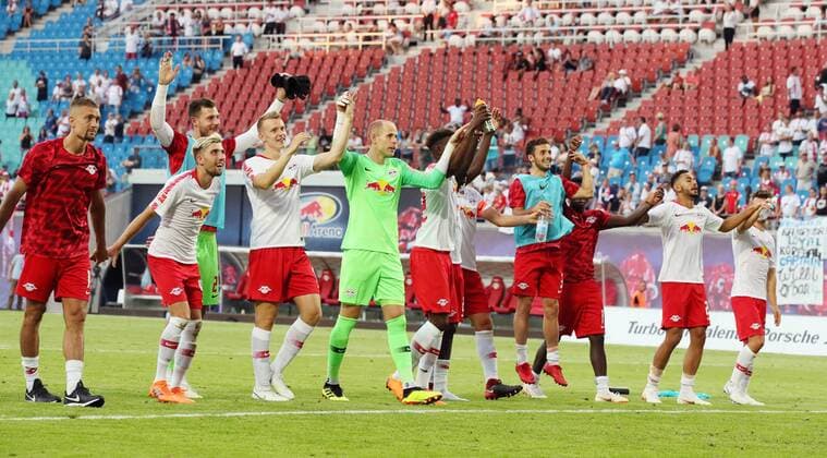 RB Leipzig BK Haecken Soccer Euro League Qualifiers Leipzig 26 07 2018 Red Bull Arena Soccer UEFA Euro League Qualification 2 Round First leg RB Leipzig vs BK Häcken 4 0 2 0 Pictured rejoicing after the match at the Leipzigers
