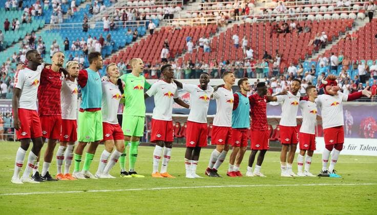 RB Leipzig BK Haecken Soccer Euro League Qualifiers Leipzig 26 07 2018 Red Bull Arena Soccer UEFA Euro League Qualification 2 Round First leg RB Leipzig vs BK Häcken 4 0 2 0 Pictured rejoicing after the match at the Leipzigers
