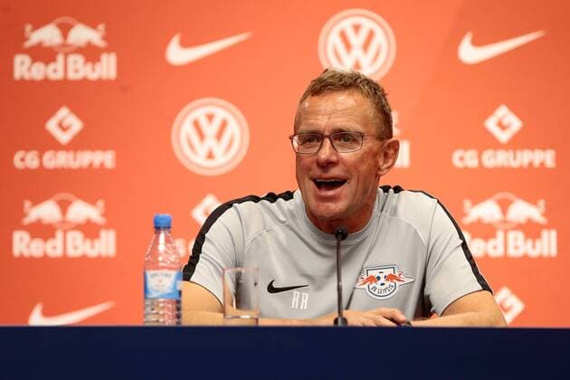 26 07 2018 xtgx Football Europa League Qualification 2 Round RB Leipzig BK Haecken emspor v l Ralf Rangnick Leipzig coach at the press conference PK laugh laugh satisfied Leipzig