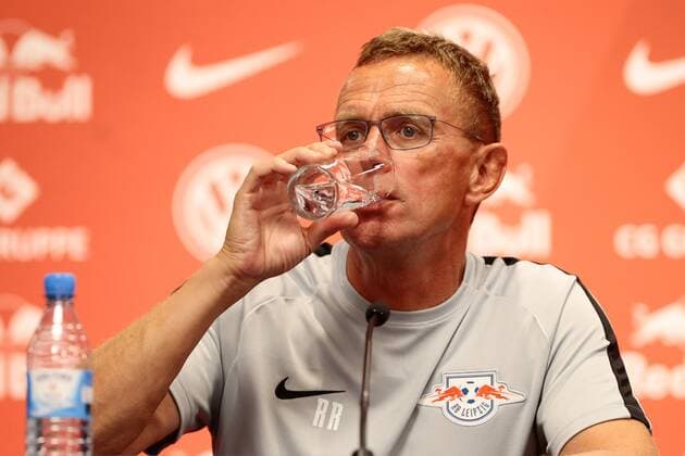 26 07 2018 xtgx Football Europa League Qualification 2 Round RB Leipzig BK Haecken emspor v l Ralf Rangnick Leipzig coach at the press conference PK drinks water Leipzig