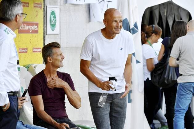 26 07 2018 St Gallen Switzerland Football Mens season 2018 2019 Europaleague Qualifying St Gallen Sarpsborg 08 FF Coach Peter Zeidler Head of Sport Alain Sutter FC St Gallen Action