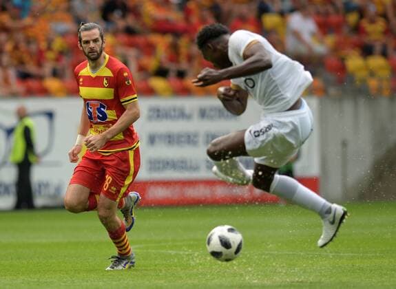 Fußball, EL Qualifikation, Jagiellonia Bialystok - FC Rio Ave 2018.07.26 Bialystok Pilka nozna Liga Europy 2. runda eliminacji Ligi Europejskiej Jagiellonia Bialystok ( zolto-czerwone ) - Rio Ave FC ( Portugalia ) N z (L-P) Cillian Sheridan Jonathan Buatu-Mananga Foto Michal Kosc PressFocus 2018.07.26 Bialystok Football UEFA Europa League Jagiellonia Bialystok - Rio Ave FC ( POR ) Credit: Michal Kosc PressFocus 