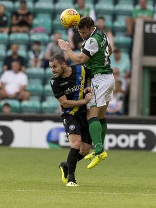 26th July 2018, Easter Road, Edinburgh, Scotland; UEFA Europa League 2nd qualifying round, 1st leg, Hibernian versus Asteras Tripolis; Nikos Kaltsas of Asteras Tripoli FC crashes into Lewis Stevenson of Hibernian who claims the header  ActionPlus12050652 AlanxRennie