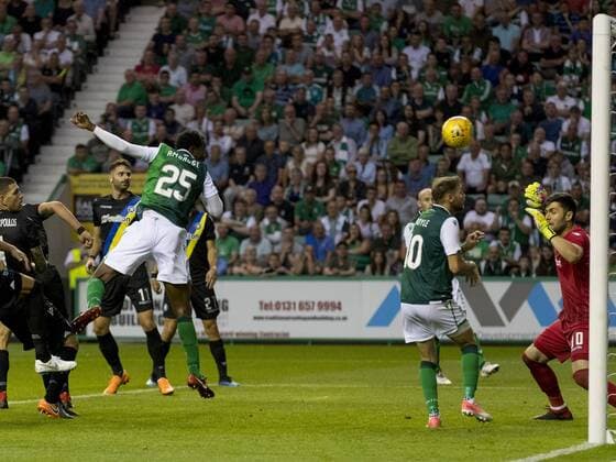 26th July 2018, Easter Road, Edinburgh, Scotland; UEFA Europa League 2nd qualifying round, 1st leg, Hibernian versus Asteras Tripolis; Efe Ambrose of Hibernian heads in as he pulls a goal back for Hibs to make it 1 - 2  ActionPlus12050658 AlanxRennie